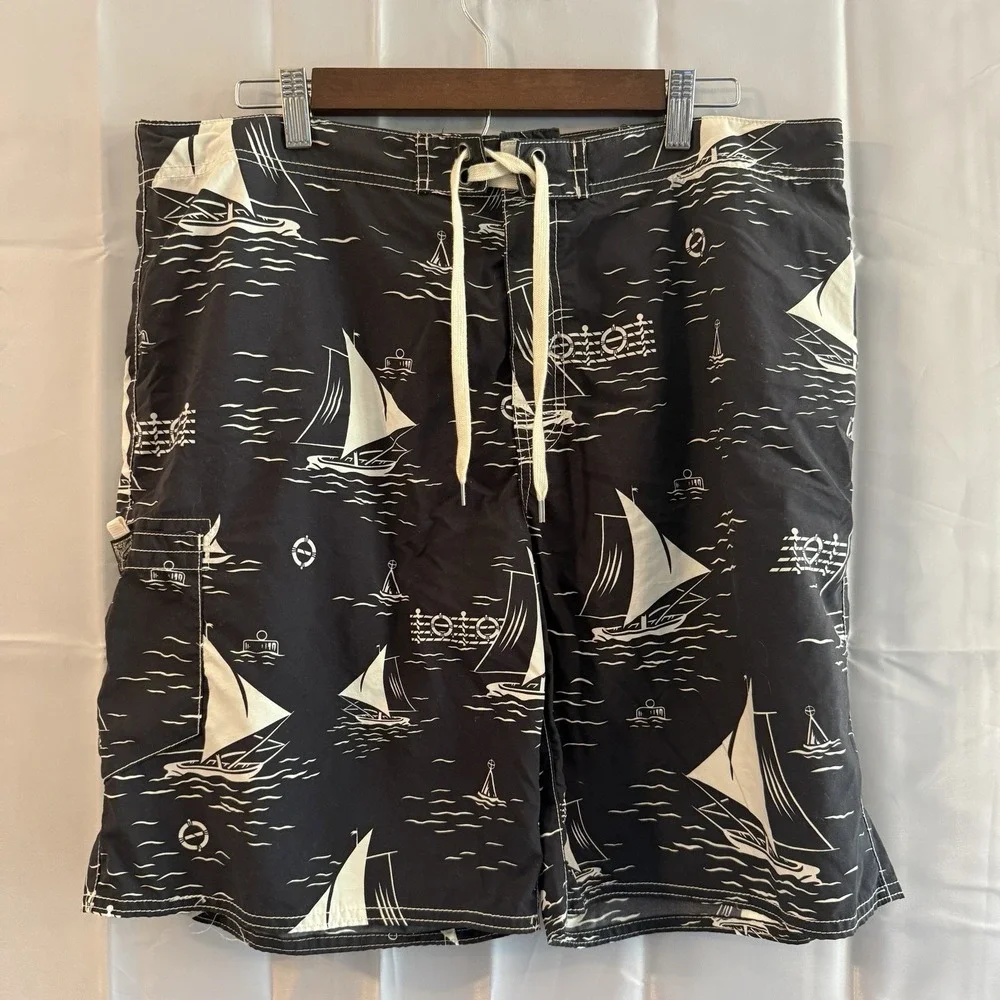 Ralph Lauren Polo Mens 36 Navy Nautical Swim Trunks Board Shorts‎ Sailboats Surf